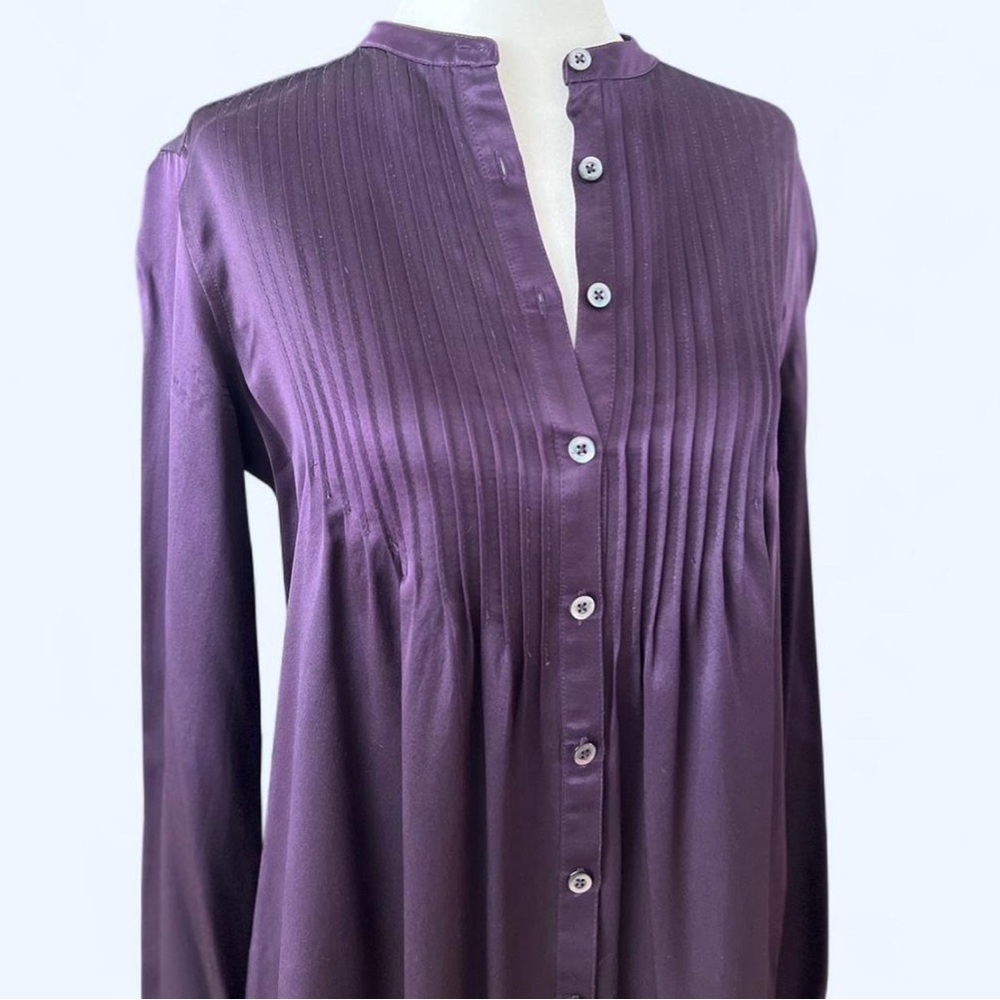 Brooks Brothers Purple 100% Silk Pleated Front Button Up Tunic Blouse Small